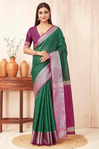 Green checks design silk blend saree with blouse piece