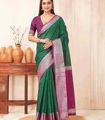 Green checks design silk blend saree with blouse piece