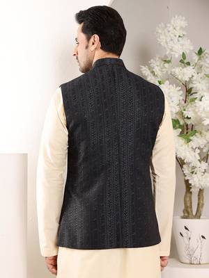 Black silk embroidered nehru jacket for mens 3