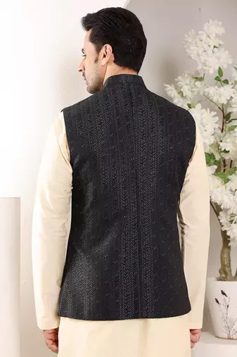 Black silk embroidered nehru jacket for mens