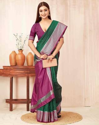 Green checks design silk blend saree with blouse piece 2