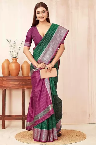 Green checks design silk blend saree with blouse piece