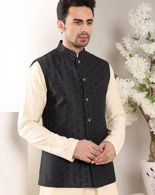Black silk embroidered nehru jacket for mens 4