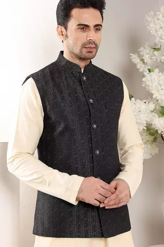 Black silk embroidered nehru jacket for mens