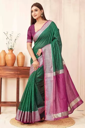 Green checks design silk blend saree with blouse piece