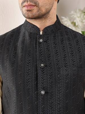 Black silk embroidered nehru jacket for mens 5