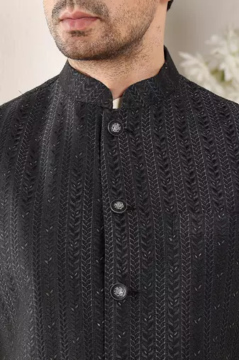 Black silk embroidered nehru jacket for mens
