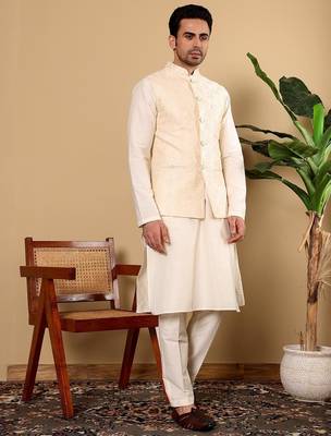 White silk embroidered nehru jacket for mens 1