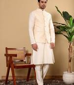 White silk embroidered nehru jacket for mens