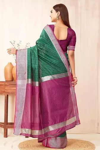 Green checks design silk blend saree with blouse piece