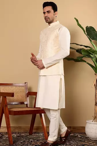 White silk embroidered nehru jacket for mens