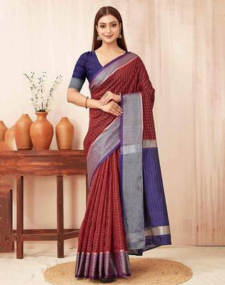 Maroon checks design silk blend saree with blouse piece 1