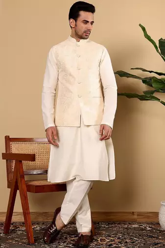 White silk embroidered nehru jacket for mens