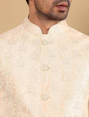 White silk embroidered nehru jacket for mens 4