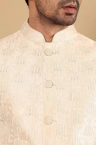 White silk embroidered nehru jacket for mens