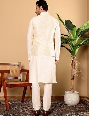 White silk embroidered nehru jacket for mens 5