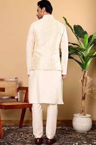 White silk embroidered nehru jacket for mens