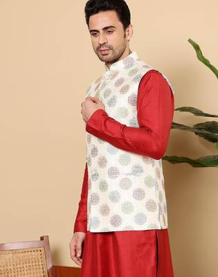 White silk embroidered nehru jacket for mens 1