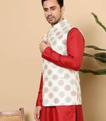 White silk embroidered nehru jacket for mens