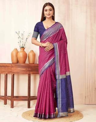 Pink checks design silk blend saree with blouse piece 1