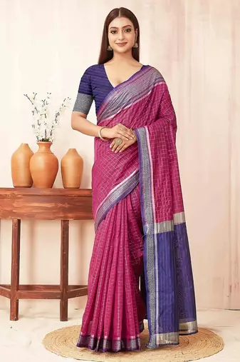 Pink checks design silk blend saree with blouse piece