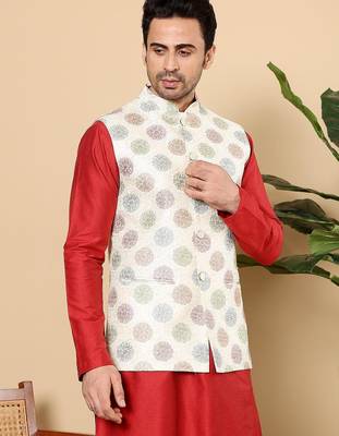 White silk embroidered nehru jacket for mens 2