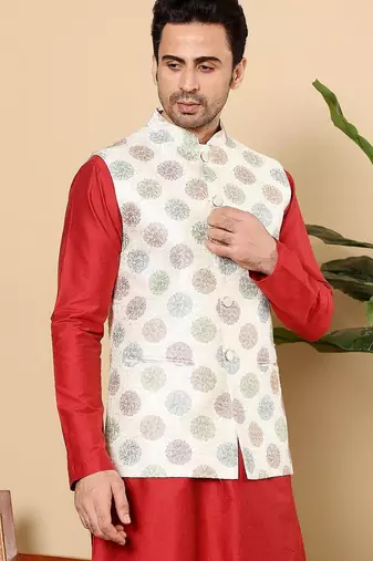White silk embroidered nehru jacket for mens