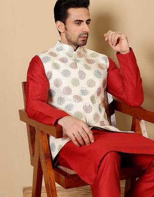 White silk embroidered nehru jacket for mens 3
