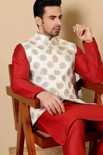 White silk embroidered nehru jacket for mens