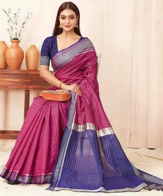 Pink checks design silk blend saree with blouse piece 3