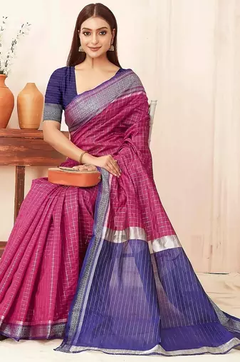 Pink checks design silk blend saree with blouse piece