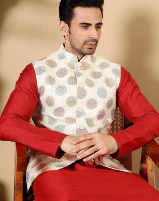 White silk embroidered nehru jacket for mens 4