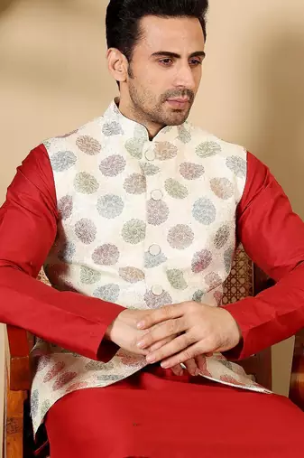 White silk embroidered nehru jacket for mens
