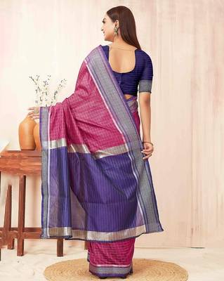 Pink checks design silk blend saree with blouse piece 5