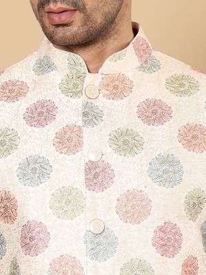 White silk embroidered nehru jacket for mens 5