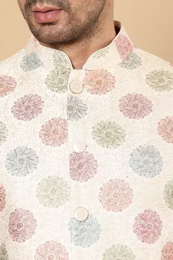 White silk embroidered nehru jacket for mens