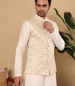 White silk embroidered nehru jacket for mens
