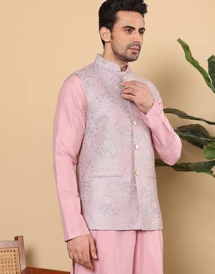 Pink silk embroidered nehru jacket for mens 1