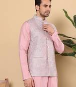Pink silk embroidered nehru jacket for mens