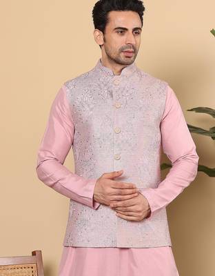 Pink silk embroidered nehru jacket for mens 2
