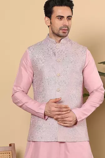 Pink silk embroidered nehru jacket for mens