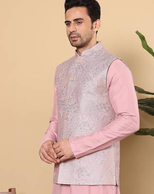 Pink silk embroidered nehru jacket for mens 3