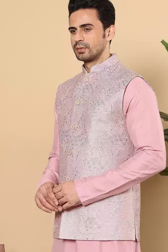 Pink silk embroidered nehru jacket for mens