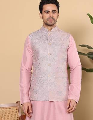 Pink silk embroidered nehru jacket for mens 4