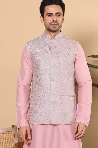 Pink silk embroidered nehru jacket for mens