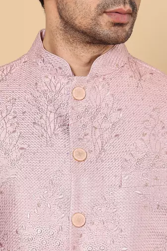 Pink silk embroidered nehru jacket for mens