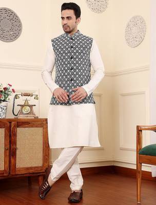 Black silk embroidered nehru jacket for mens 1