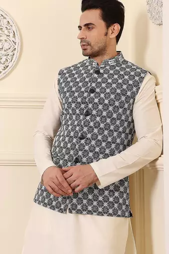 Black silk embroidered nehru jacket for mens