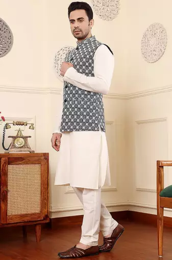 Black silk embroidered nehru jacket for mens