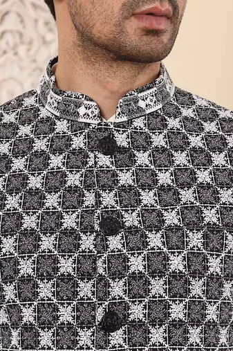 Black silk embroidered nehru jacket for mens
